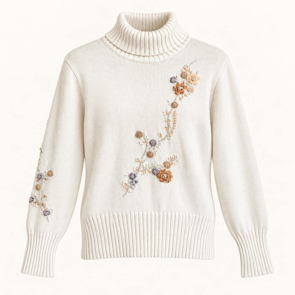 Jones Wear Sport Ivory Floral Embroidere Turtleneck Cotton Sweater L Cottagecore